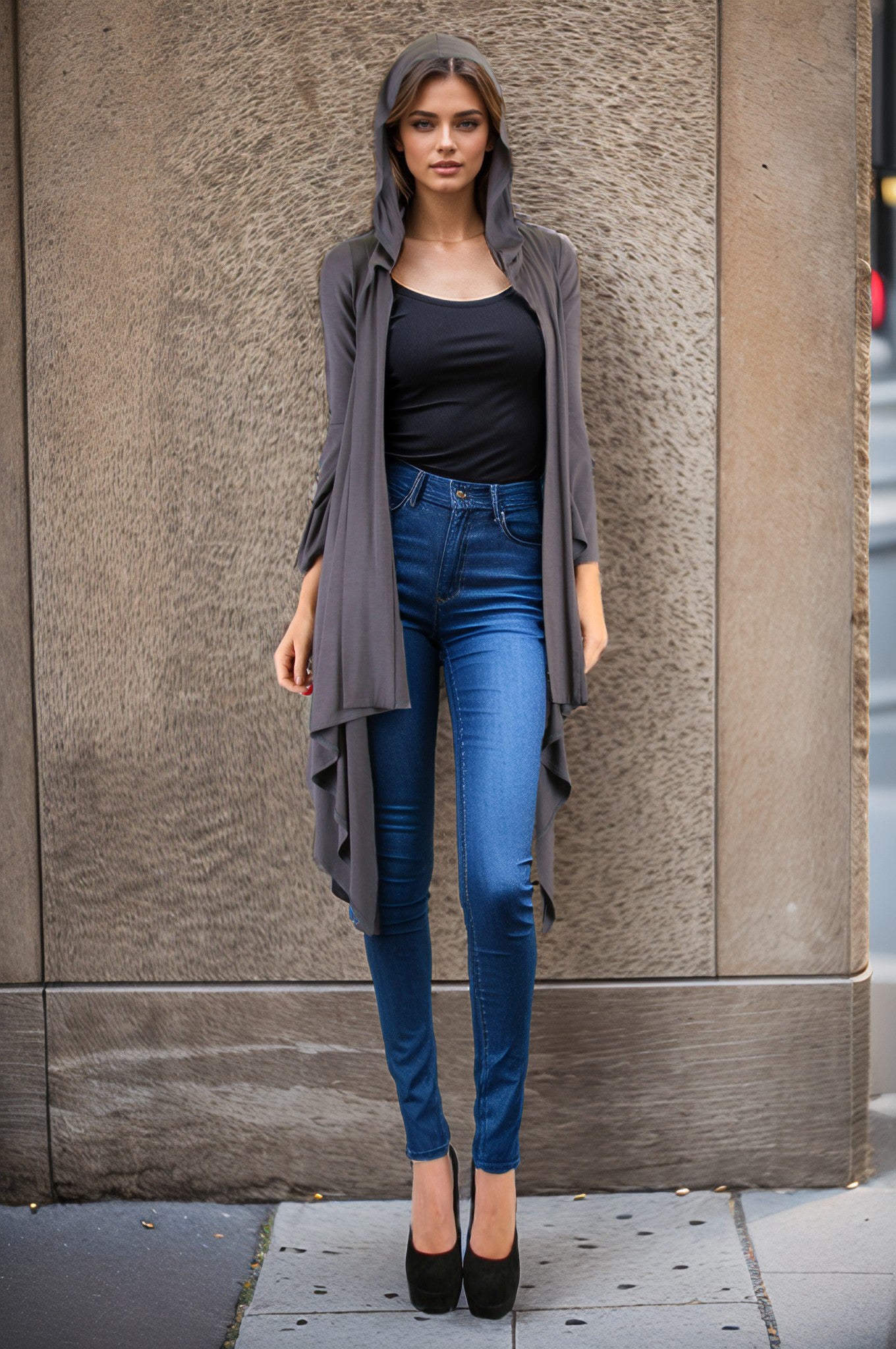JESSIE HOODED CARDIGAN (CHARCOAL)-JT7396
