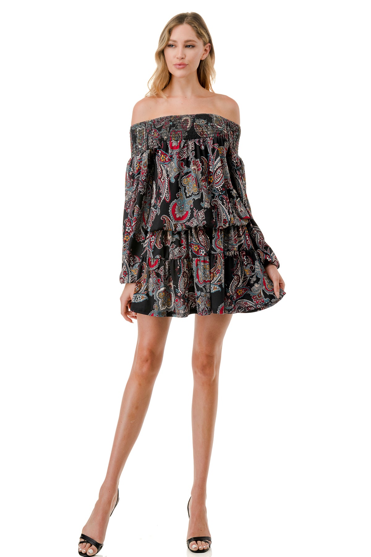 MARGO OFF SHOULDER DRESS (BLACK PAISLEY)- VD2813