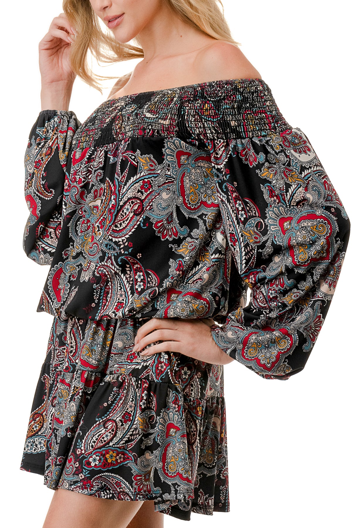 MARGO OFF SHOULDER DRESS (BLACK PAISLEY)- VD2813