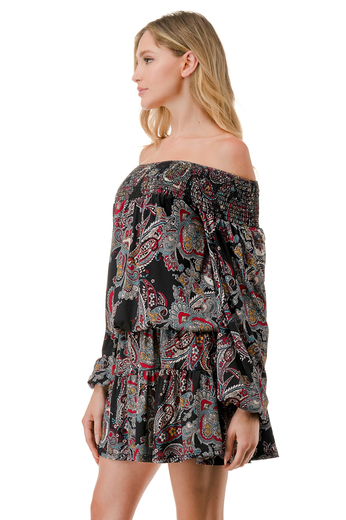 MARGO OFF SHOULDER DRESS (BLACK PAISLEY)- VD2813