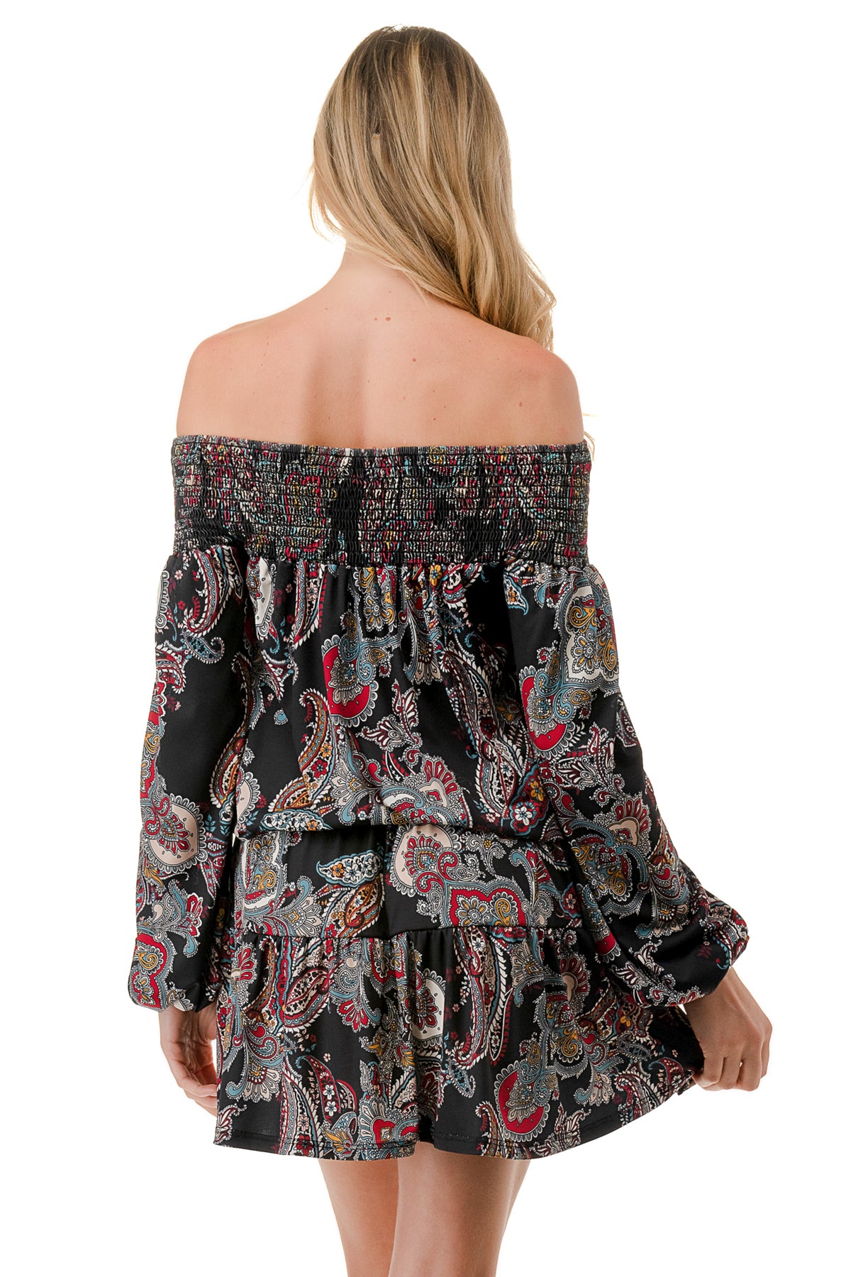 MARGO OFF SHOULDER DRESS (BLACK PAISLEY)- VD2813