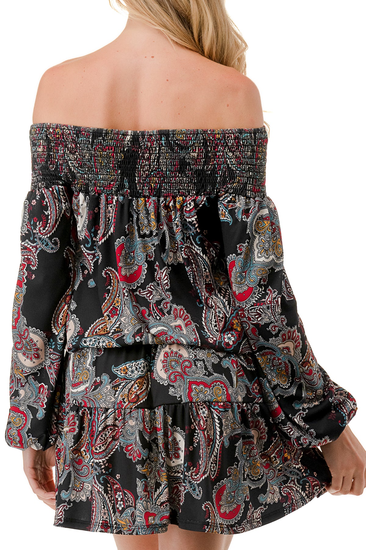 MARGO OFF SHOULDER DRESS (BLACK PAISLEY)- VD2813