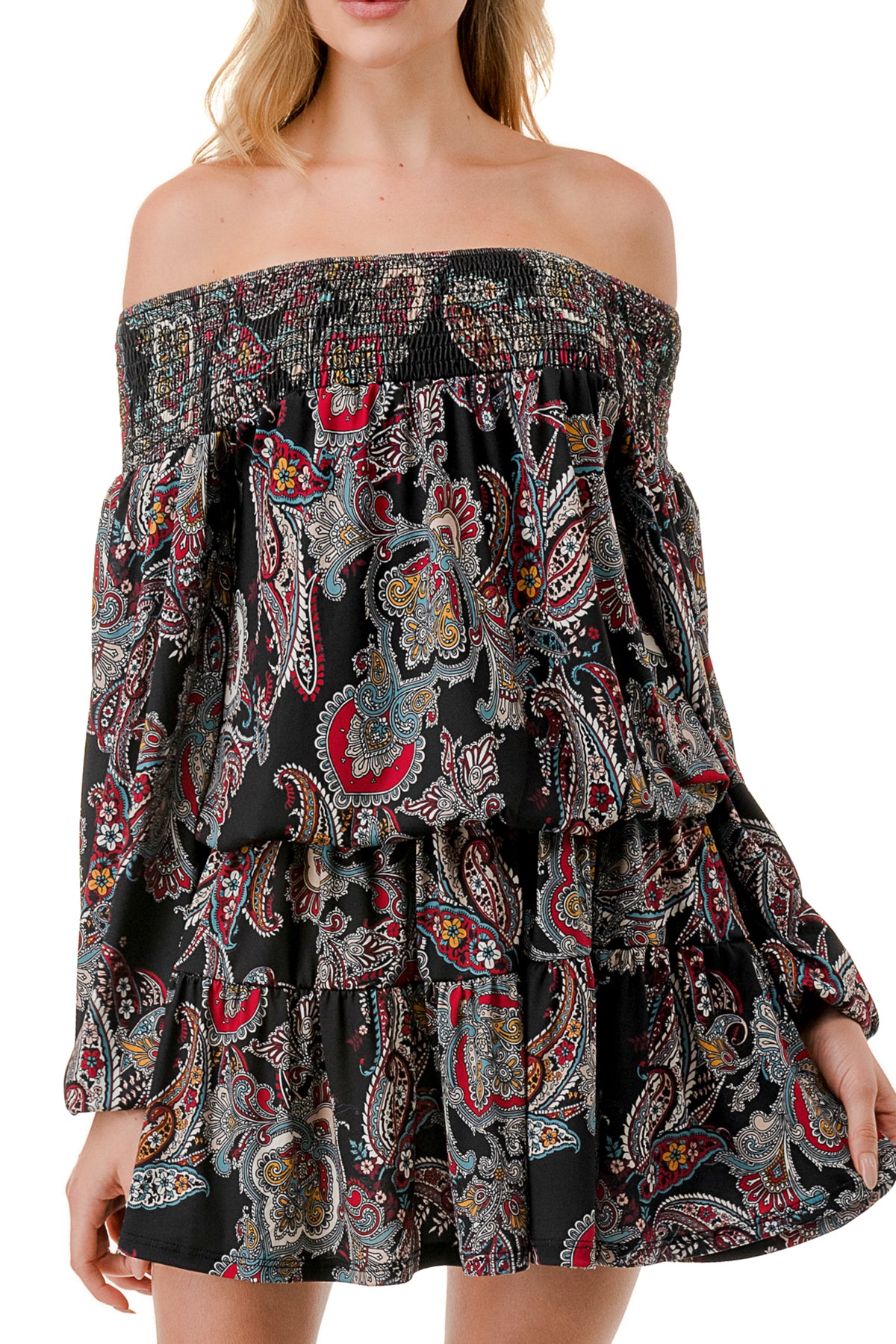 MARGO OFF SHOULDER DRESS (BLACK PAISLEY)- VD2813