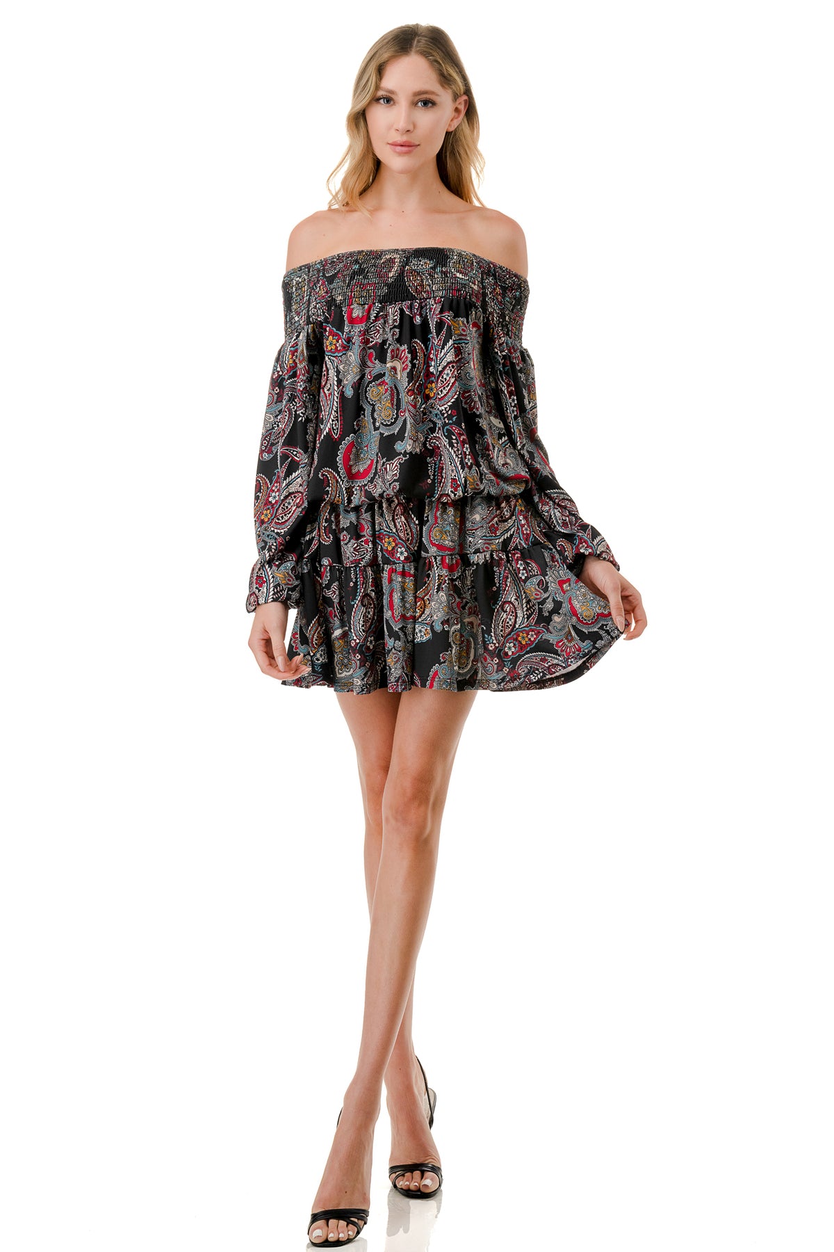 MARGO OFF SHOULDER DRESS (BLACK PAISLEY)- VD2813