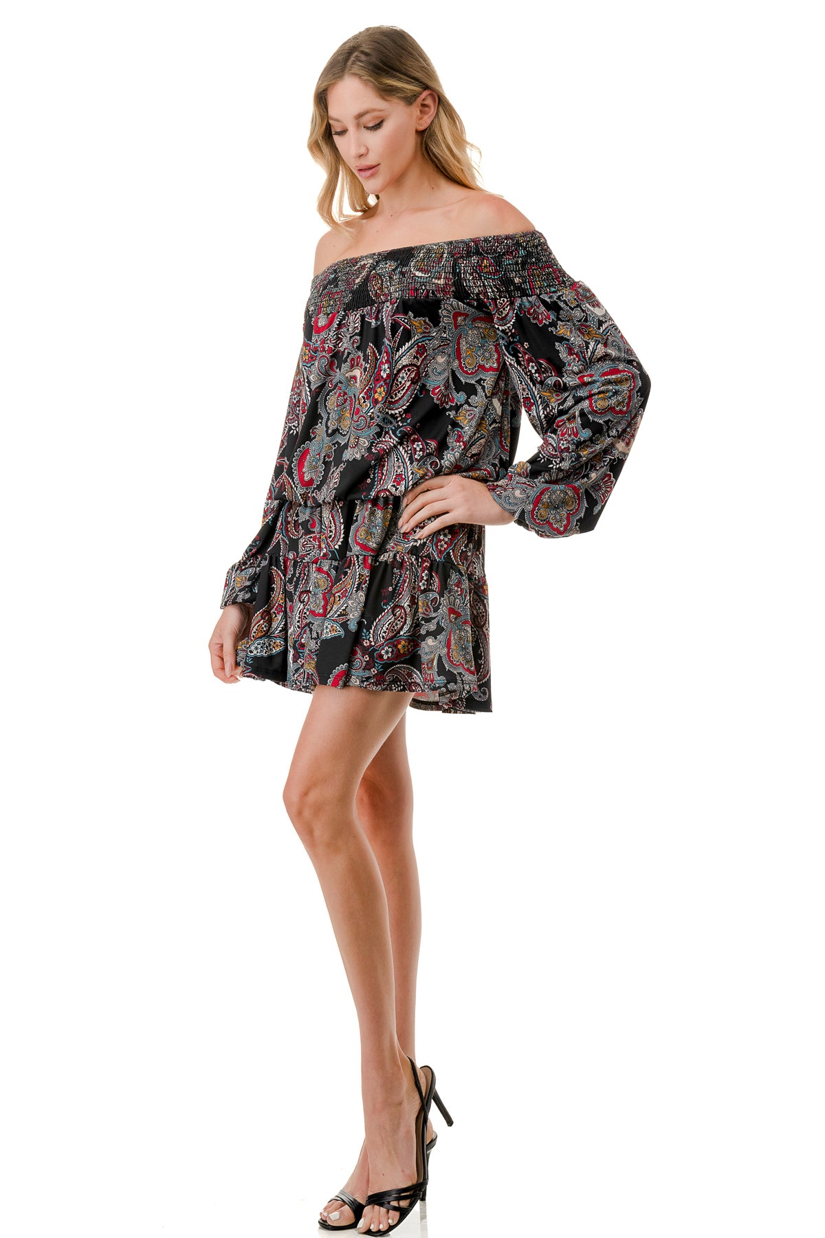 MARGO OFF SHOULDER DRESS (BLACK PAISLEY)- VD2813