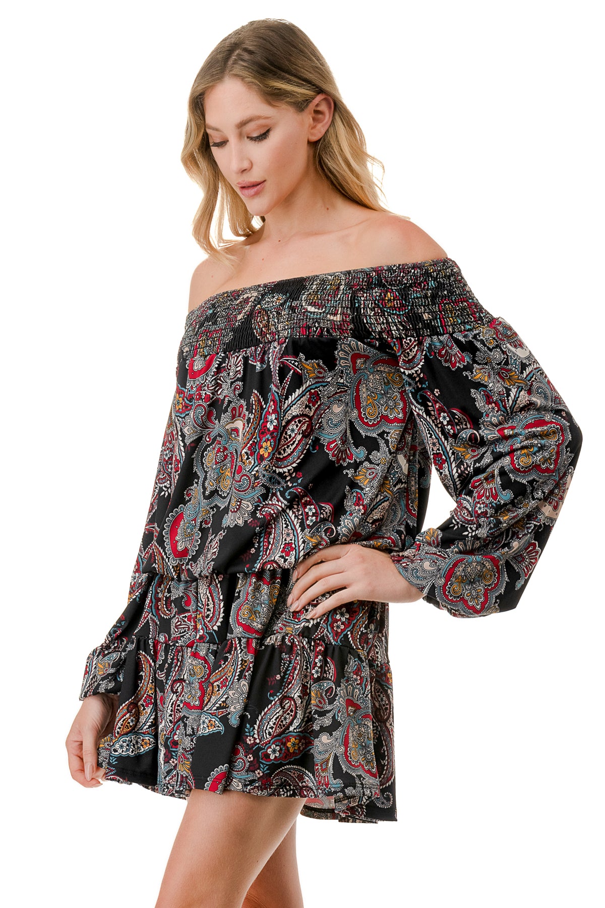 MARGO OFF SHOULDER DRESS (BLACK PAISLEY)- VD2813