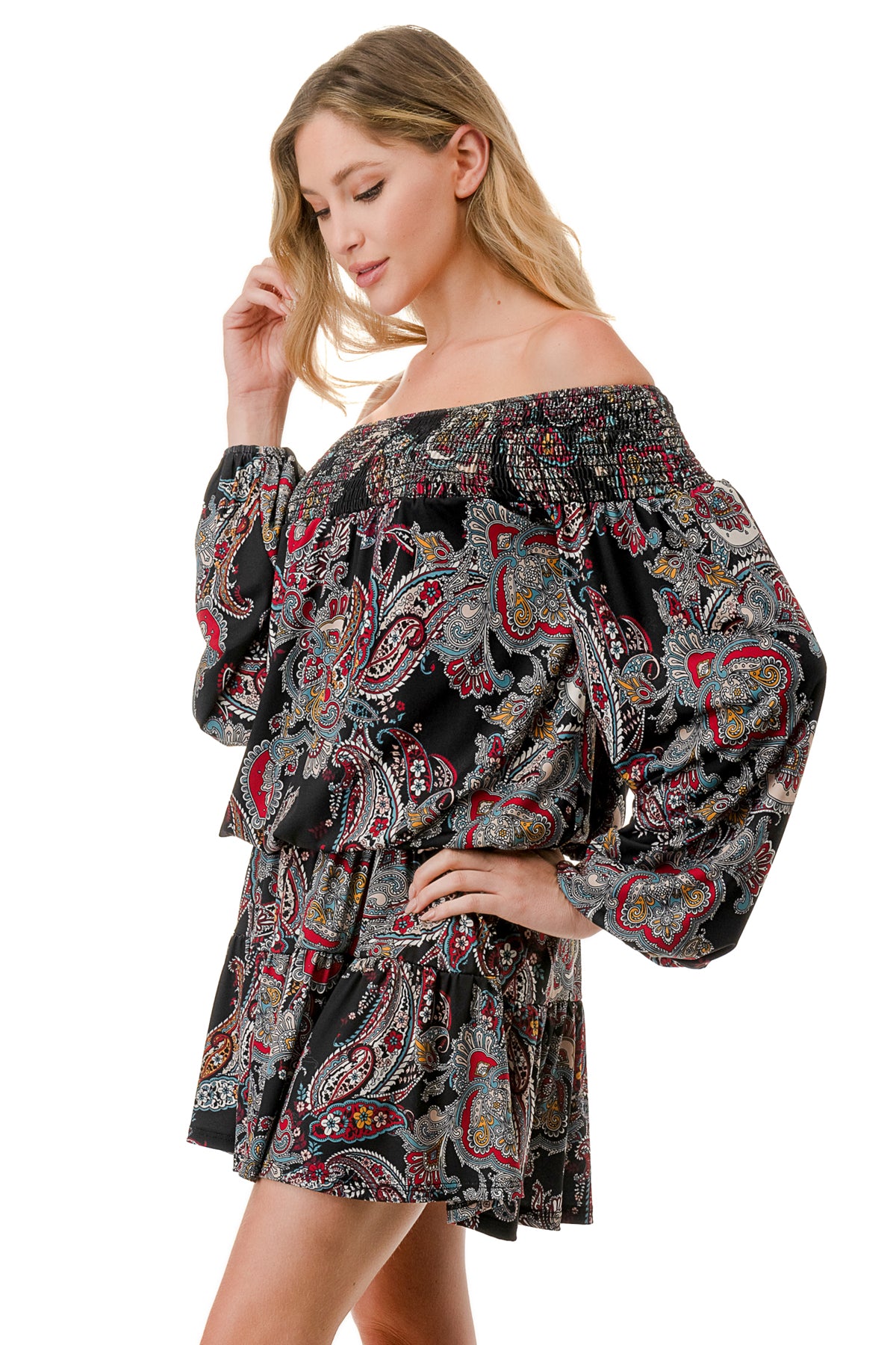 MARGO OFF SHOULDER DRESS (BLACK PAISLEY)- VD2813