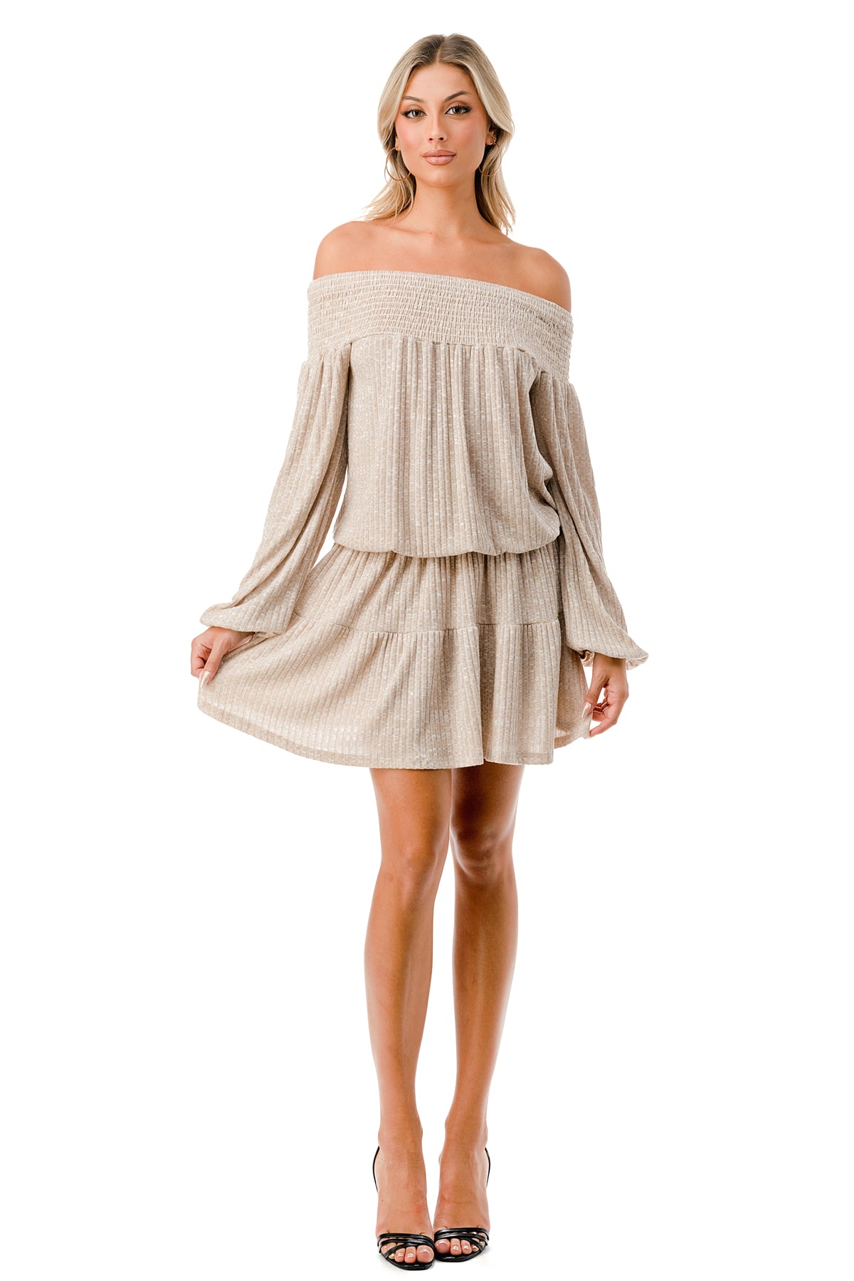 MARGO OFF SHOULDER DRESS (CAMEL HACCI)- VD2813