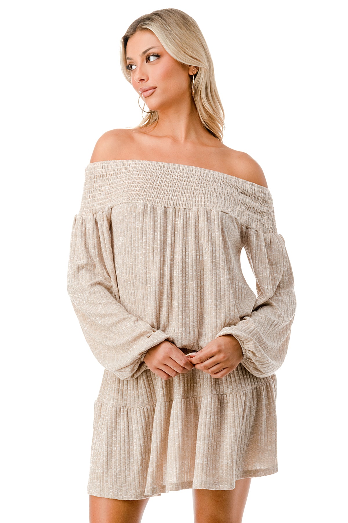 MARGO OFF SHOULDER DRESS (CAMEL HACCI)- VD2813