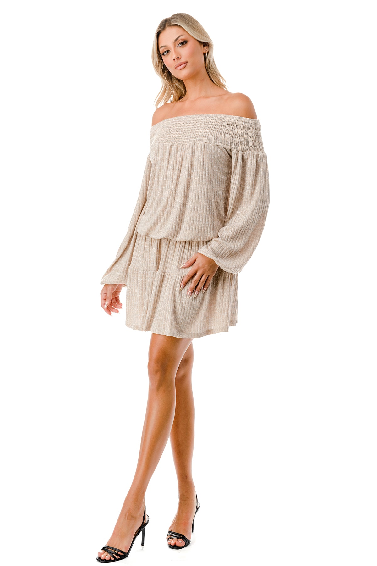 MARGO OFF SHOULDER DRESS (CAMEL HACCI)- VD2813