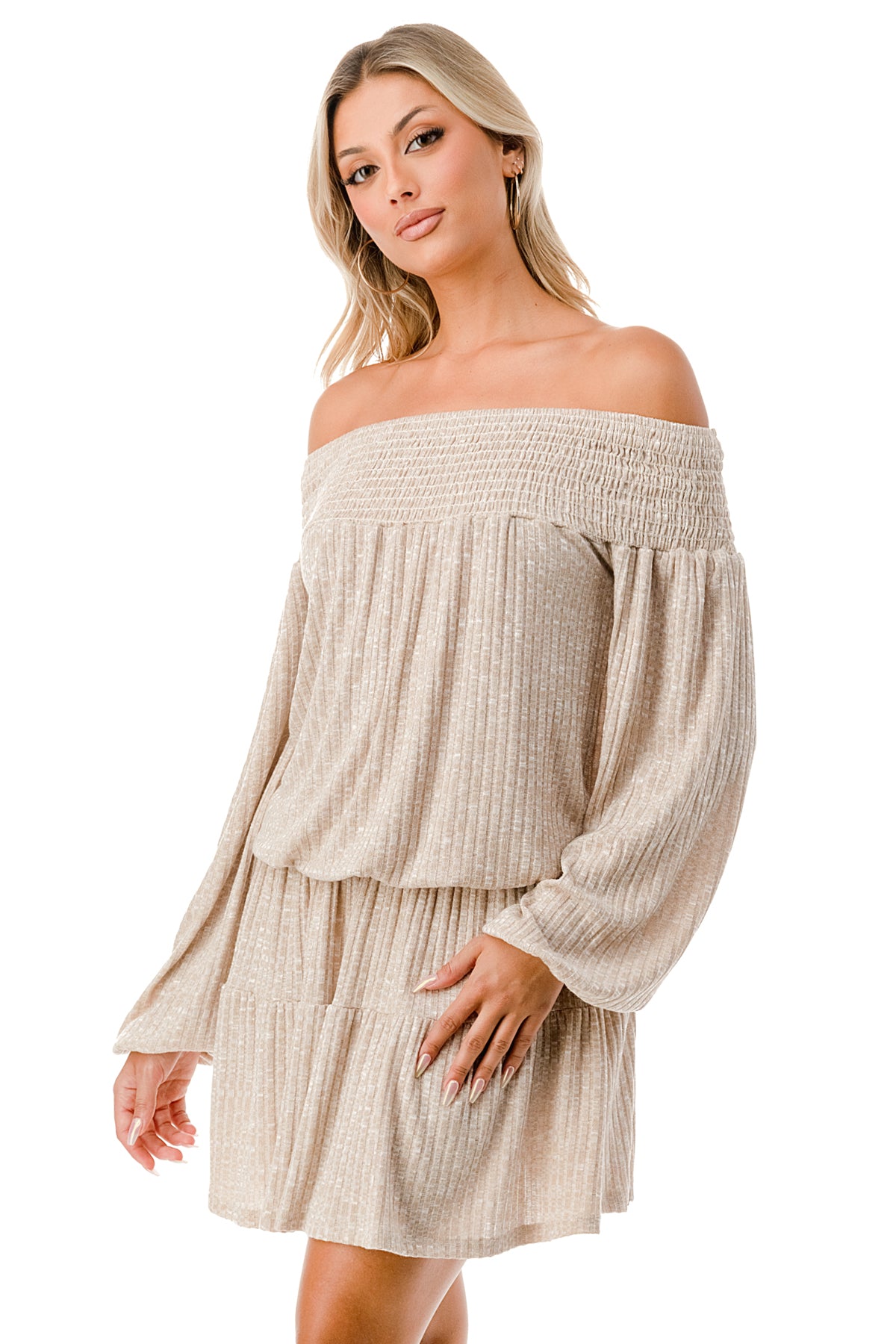 MARGO OFF SHOULDER DRESS (CAMEL HACCI)- VD2813