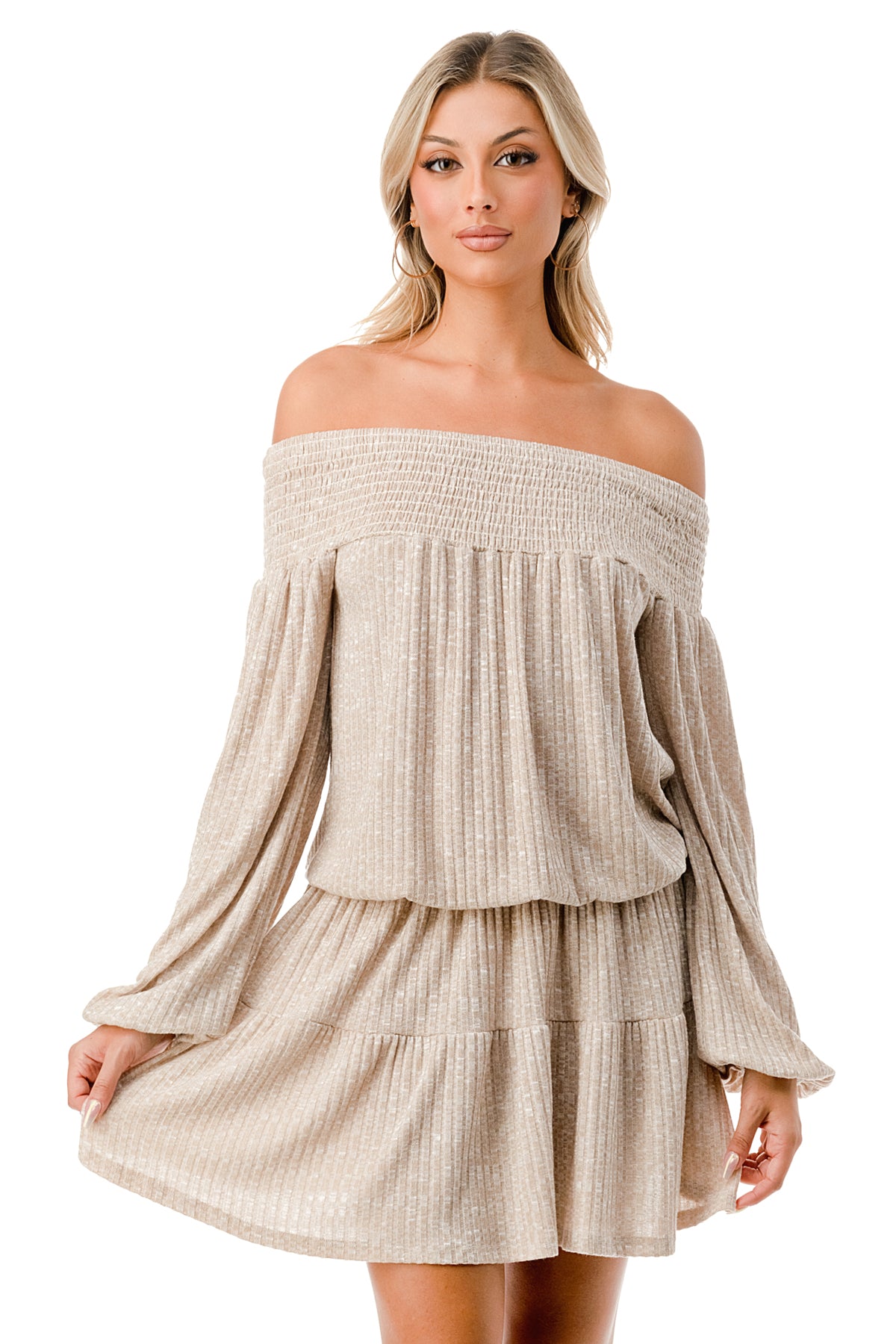 MARGO OFF SHOULDER DRESS (CAMEL HACCI)- VD2813