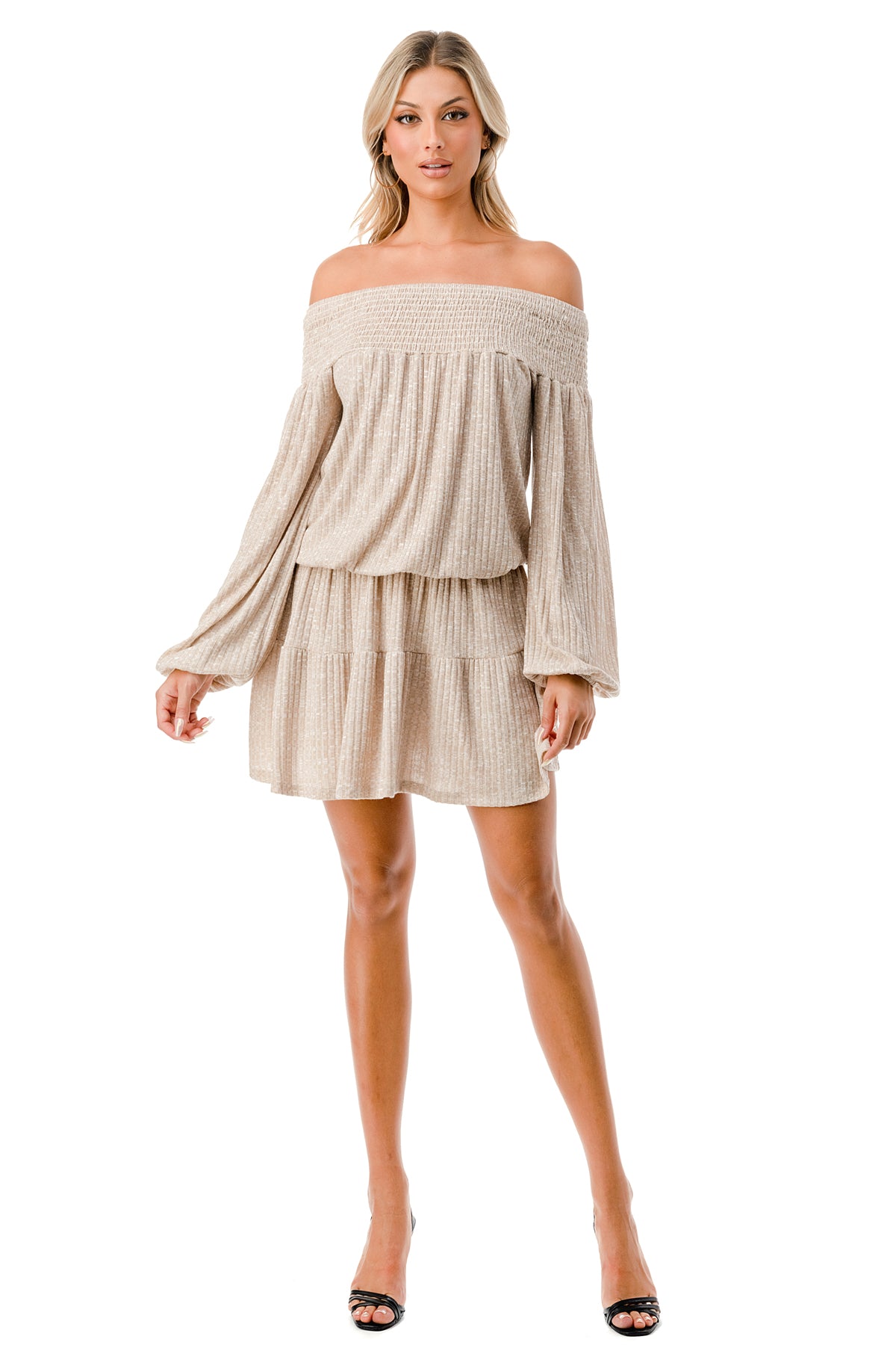 MARGO OFF SHOULDER DRESS (CAMEL HACCI)- VD2813