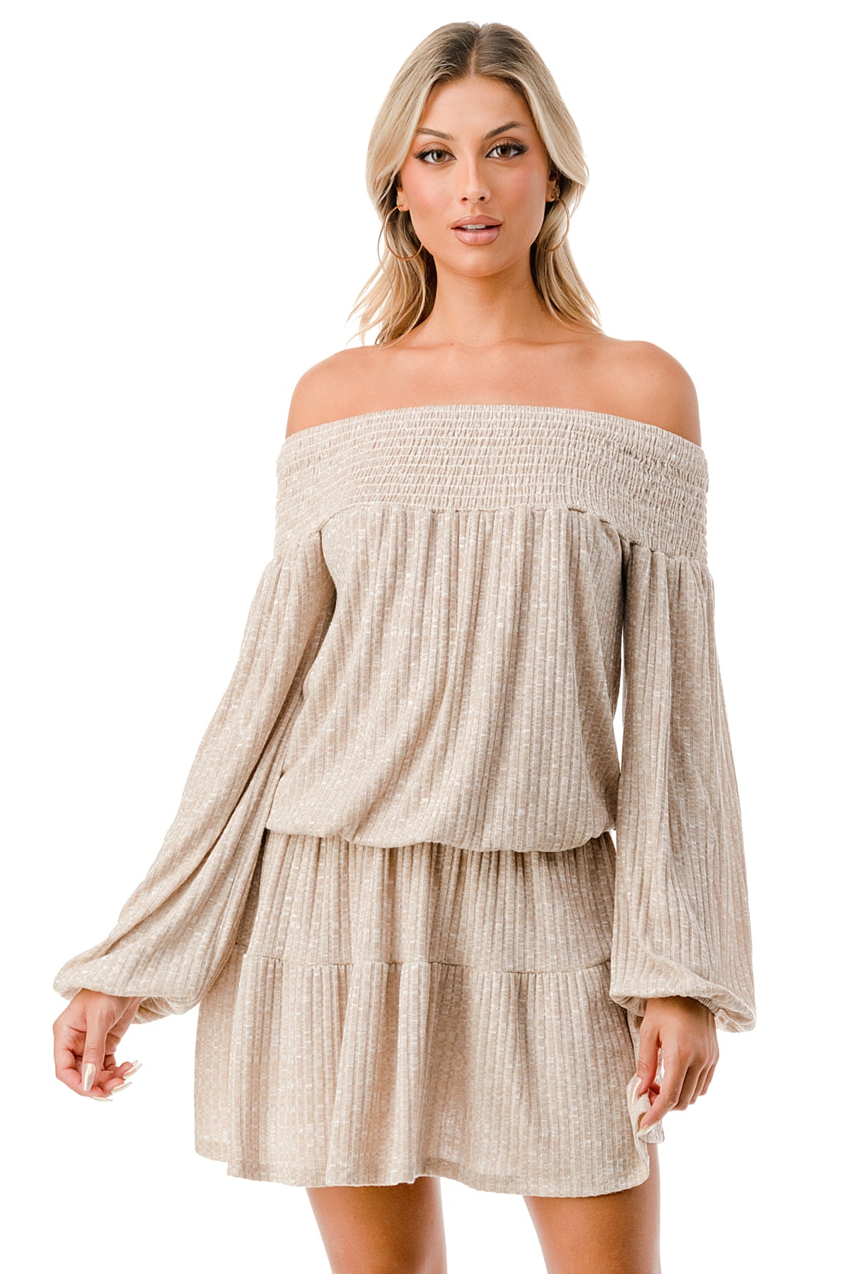 MARGO OFF SHOULDER DRESS (CAMEL HACCI)- VD2813