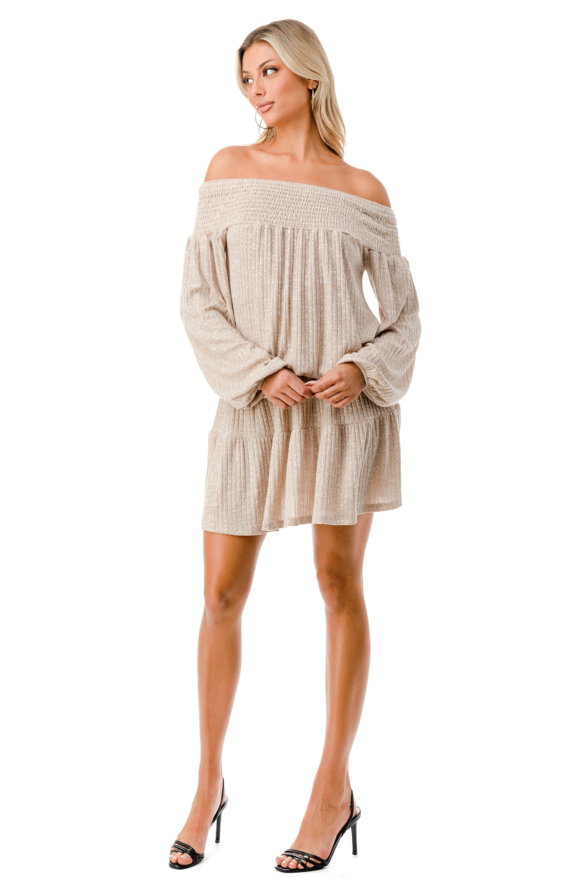 MARGO OFF SHOULDER DRESS (CAMEL HACCI)- VD2813