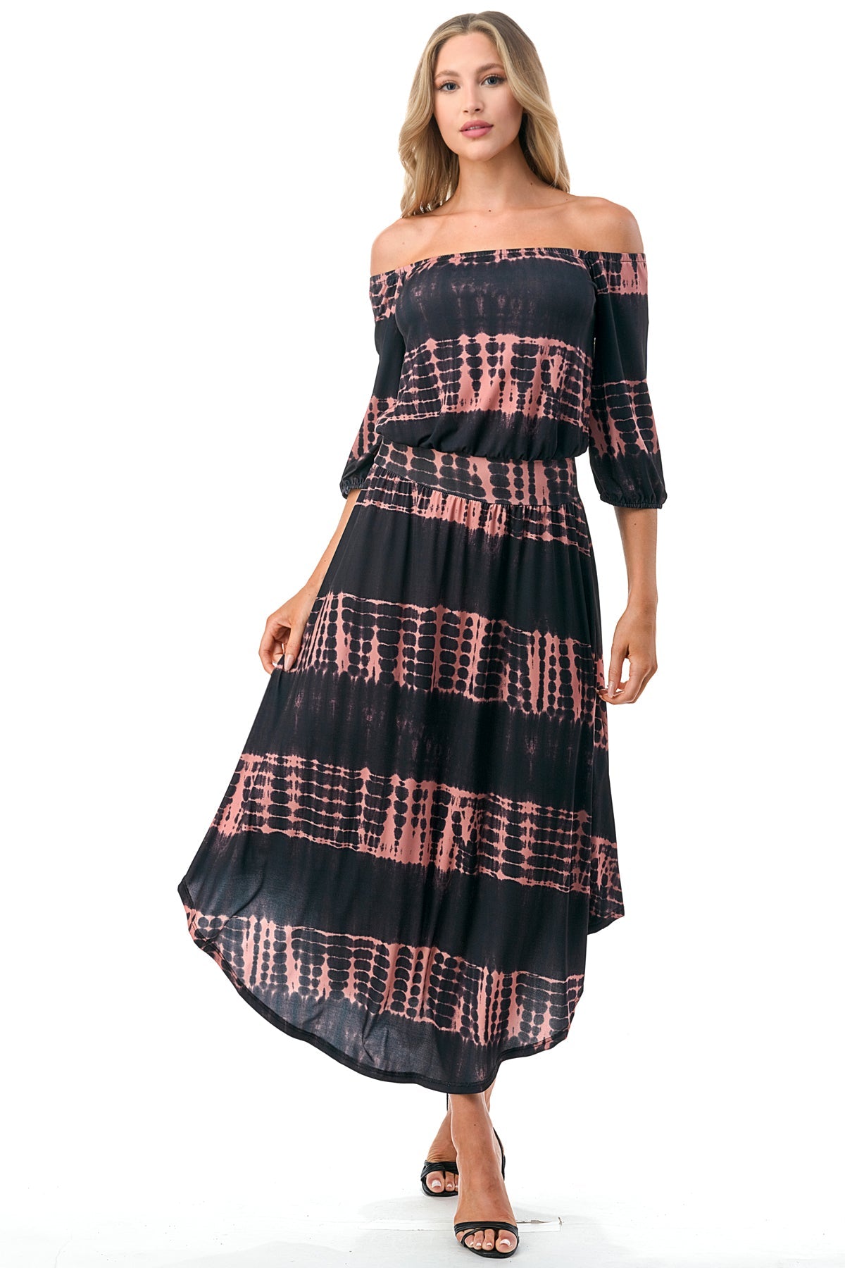 FRANCES OFF SHOULDER DRESS (BLACK / RUST TIE DYE)- VD3163