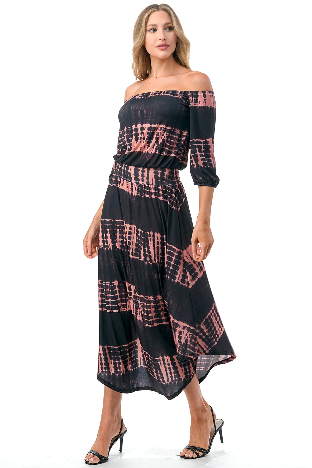 FRANCES OFF SHOULDER DRESS (BLACK / RUST TIE DYE)- VD3163