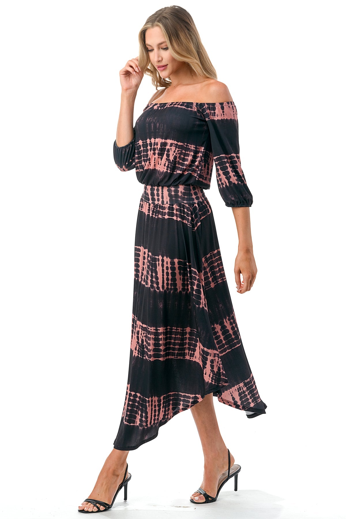 FRANCES OFF SHOULDER DRESS (BLACK / RUST TIE DYE)- VD3163