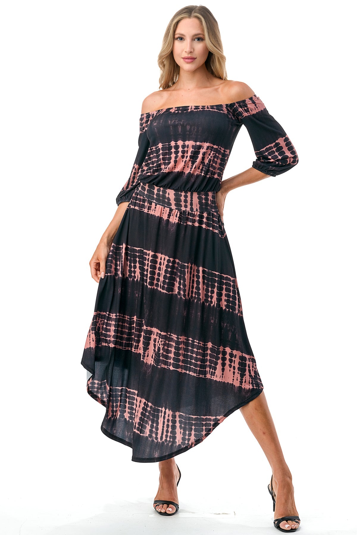 FRANCES OFF SHOULDER DRESS (BLACK / RUST TIE DYE)- VD3163