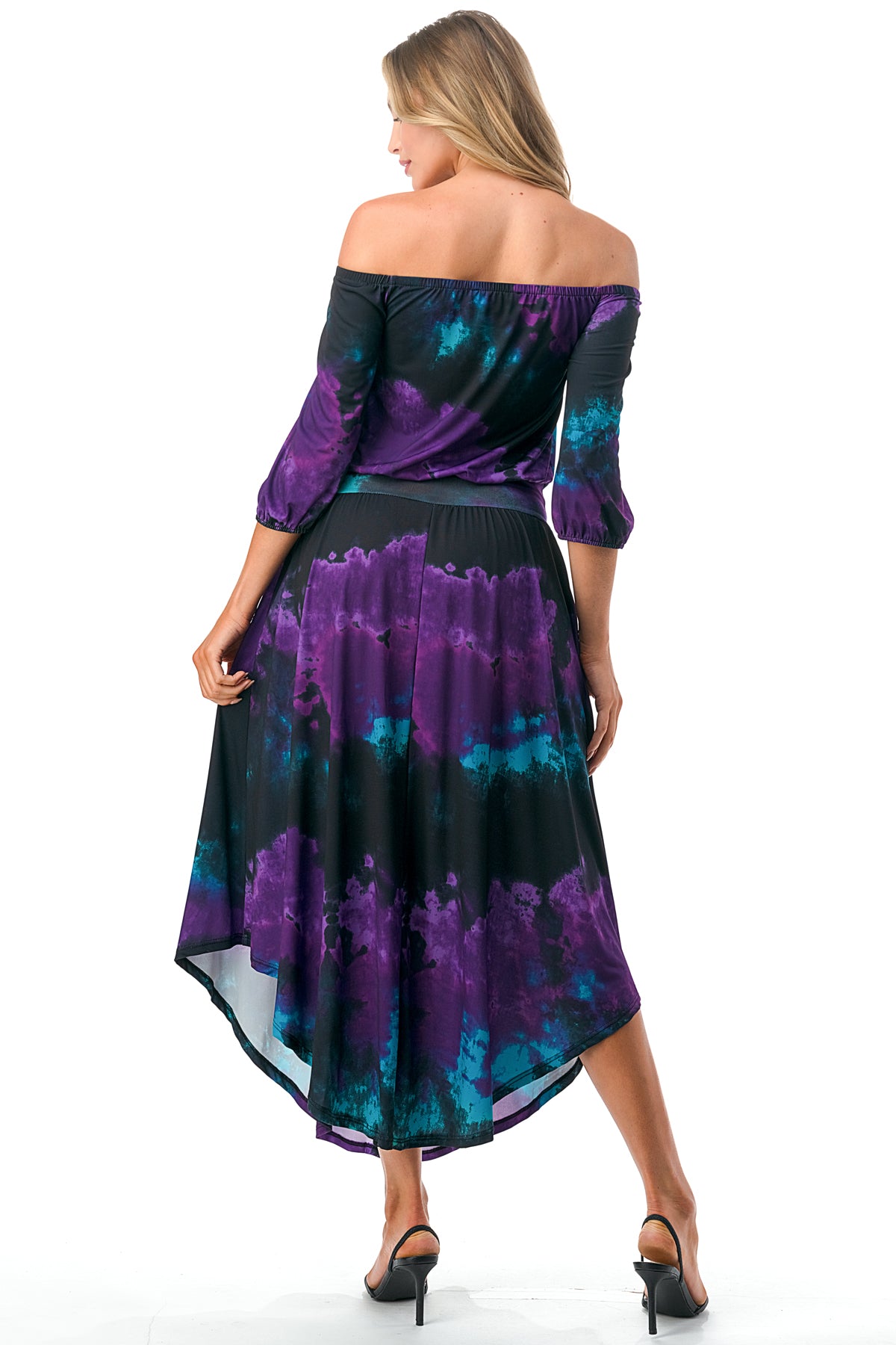 FRANCES OFF SHOULDER DRESS (PURPLE TEAL TIE DYE)- VD3163