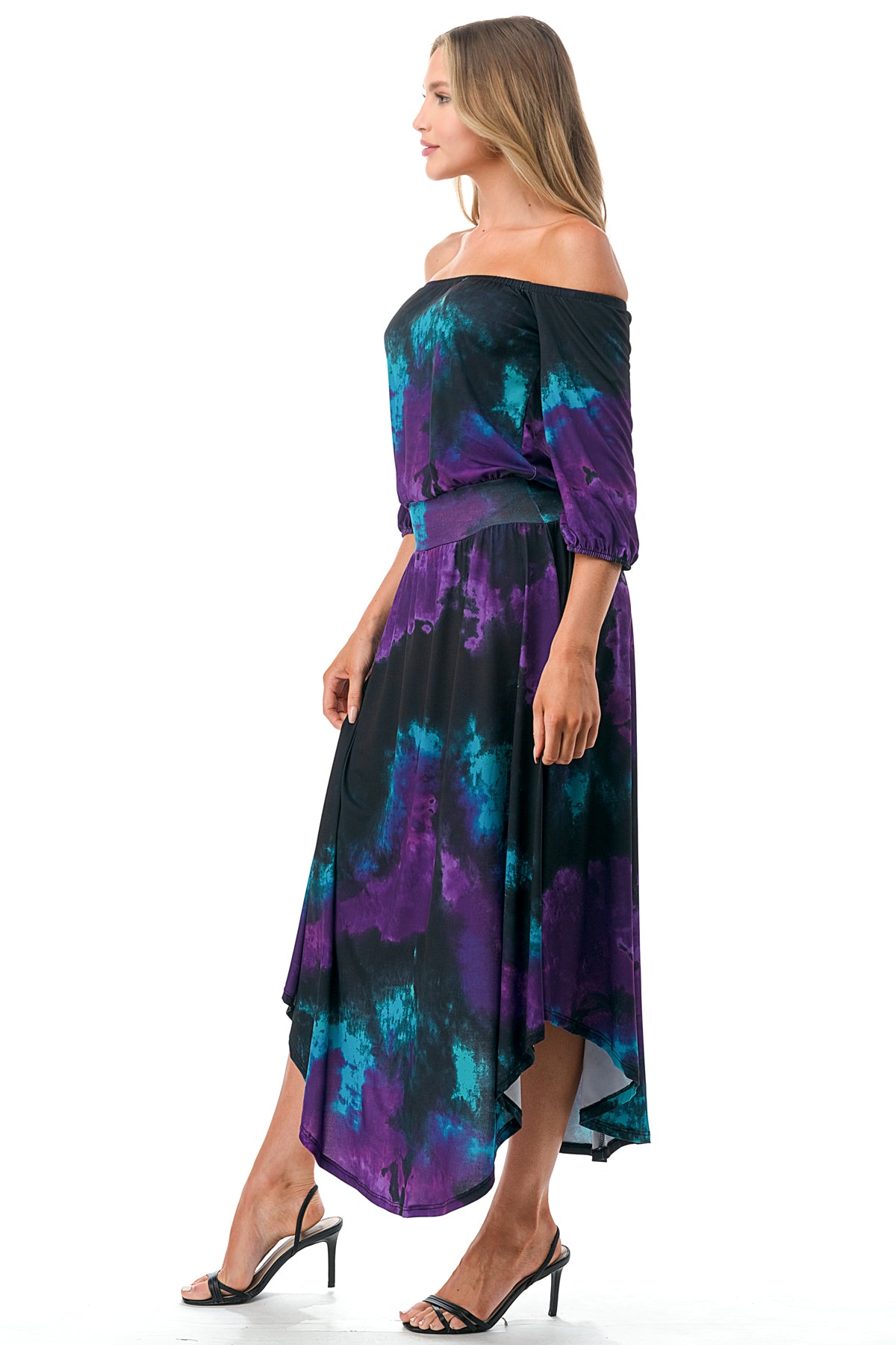 FRANCES OFF SHOULDER DRESS (PURPLE TEAL TIE DYE)- VD3163