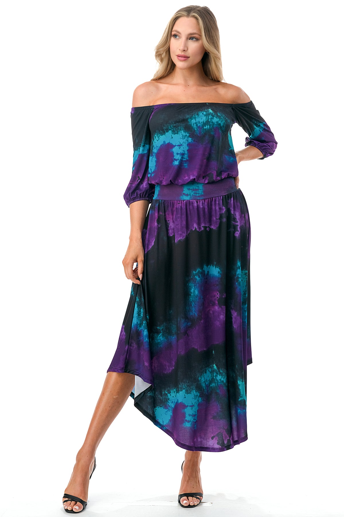 FRANCES OFF SHOULDER DRESS (PURPLE TEAL TIE DYE)- VD3163