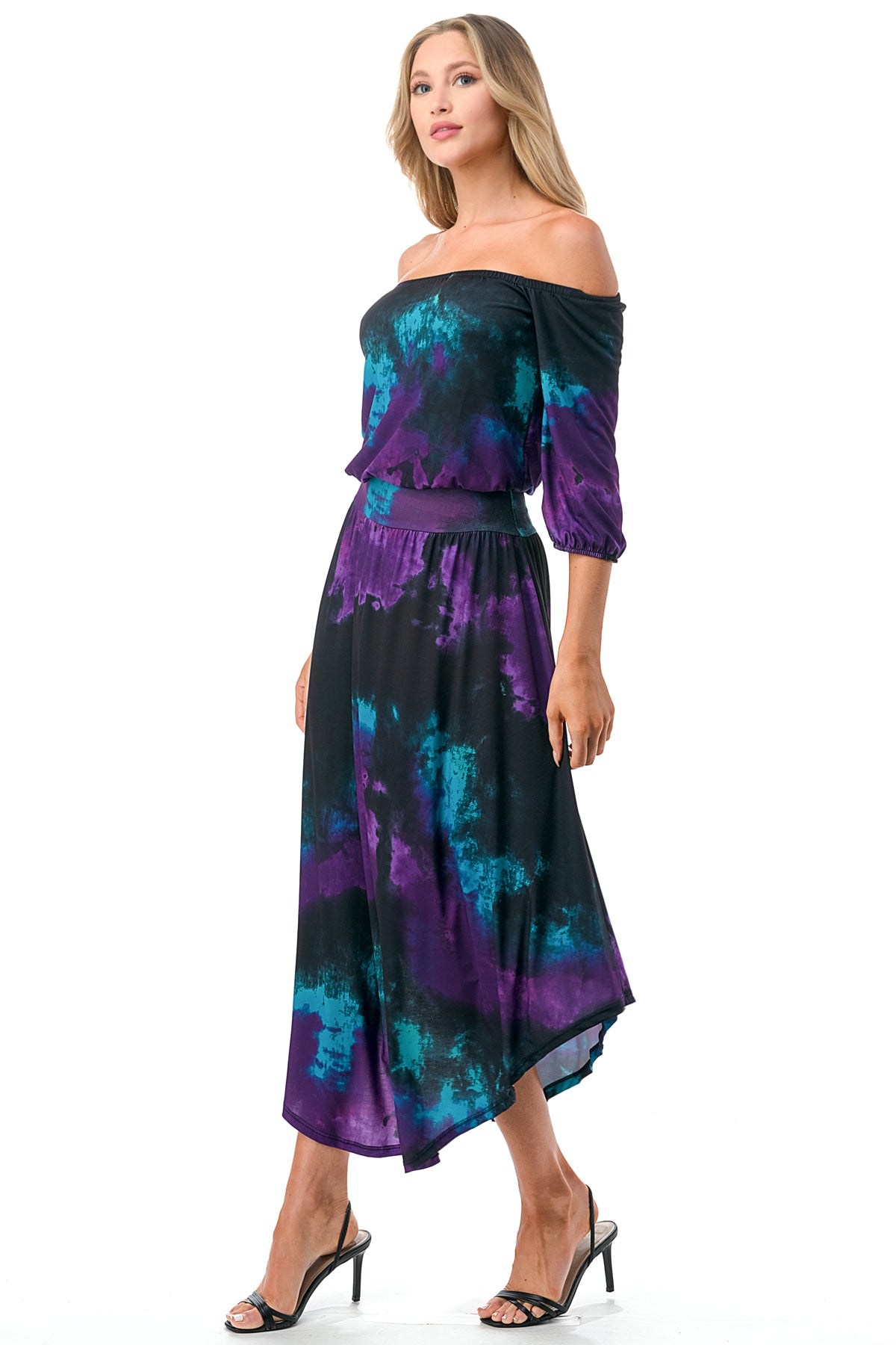 FRANCES OFF SHOULDER DRESS (PURPLE TEAL TIE DYE)- VD3163