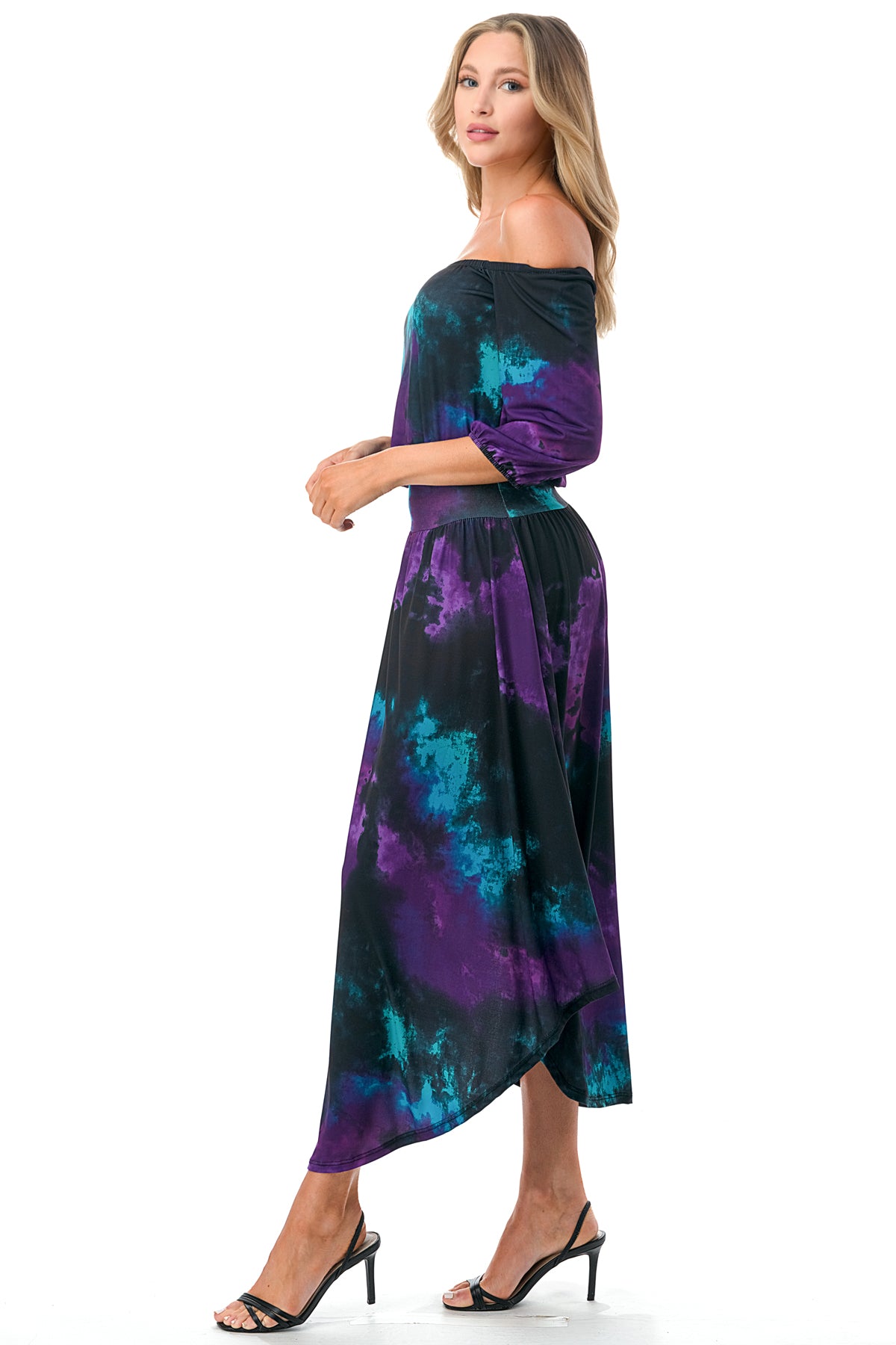 FRANCES OFF SHOULDER DRESS (PURPLE TEAL TIE DYE)- VD3163