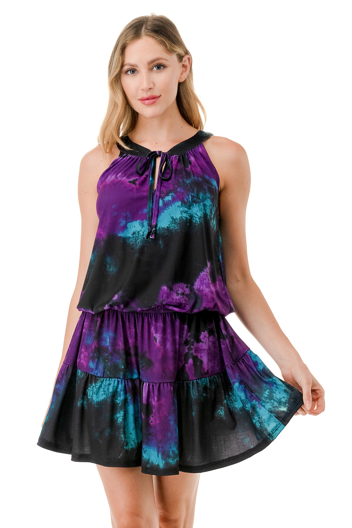 ALESSIA FRONT TIE RUFFLE DRESS (PURPLE TEAL TIE DYE)- VD3240