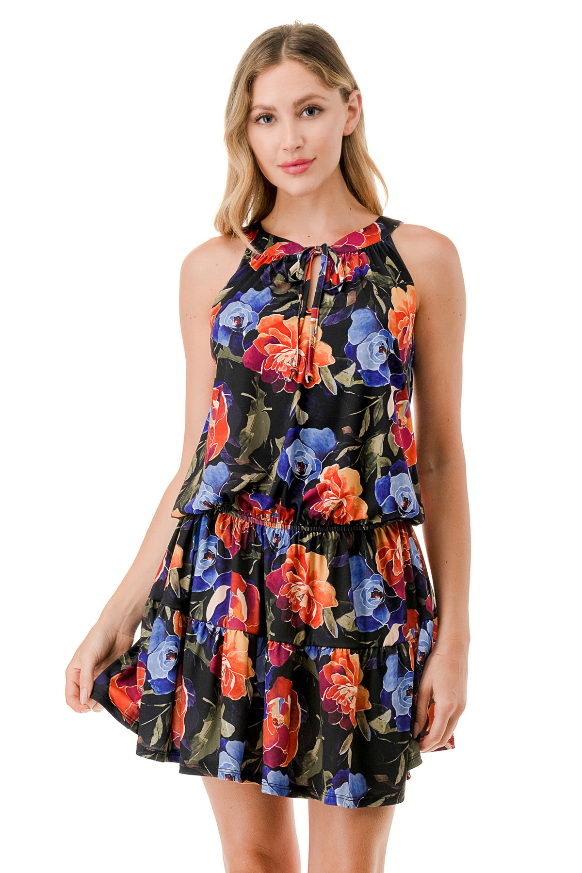 ALESSIA FRONT TIE RUFFLE DRESS (FALL FLOWER)- VD3240