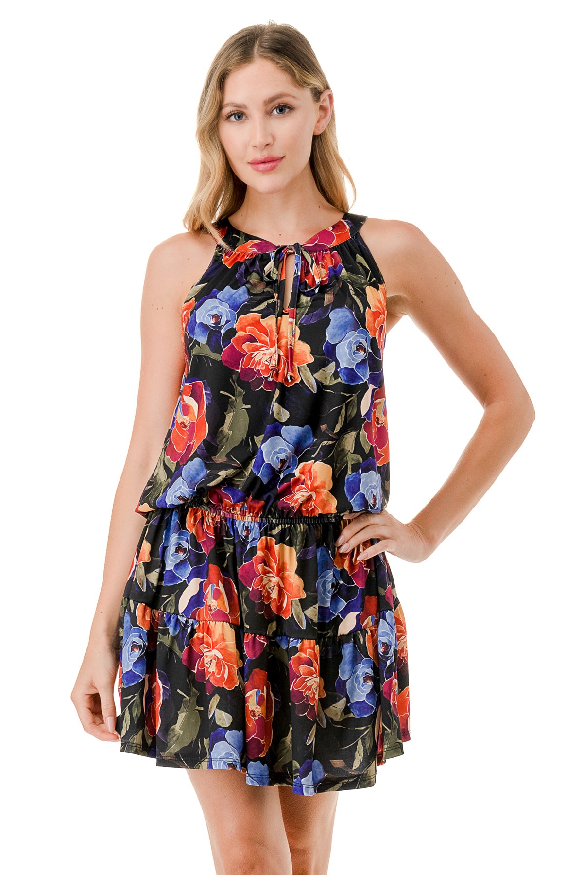 ALESSIA FRONT TIE RUFFLE DRESS (FALL FLOWER)- VD3240