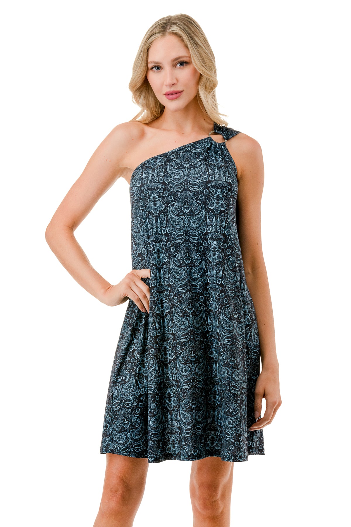 LOUISA ASYMMETRICAL RING DRESS (TEAL PAISLEY)- VD3297
