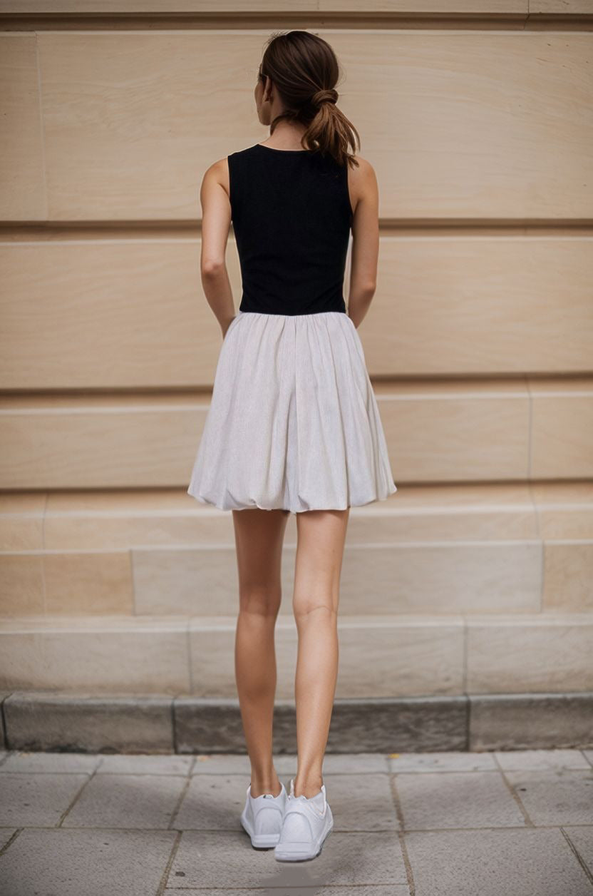 MIMI BUBBLE TANK DRESS (BLACK RIB / NATURAL TAUPE LINEN)- VD3328