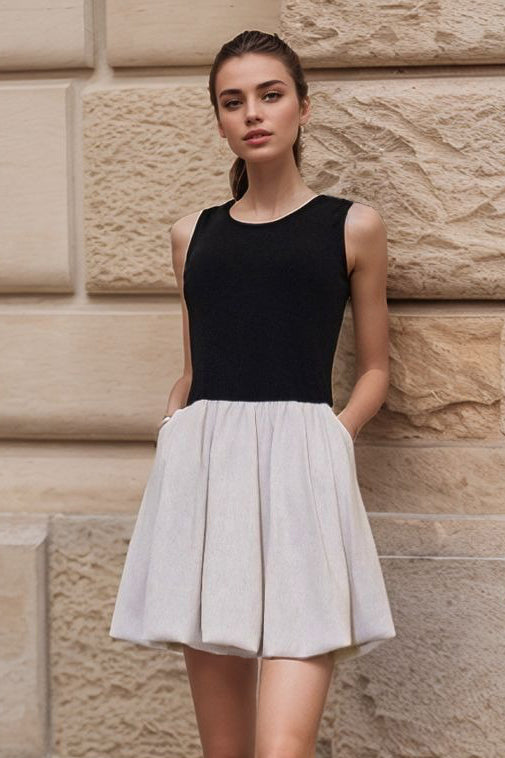 MIMI BUBBLE TANK DRESS (BLACK RIB / NATURAL TAUPE LINEN)- VD3328