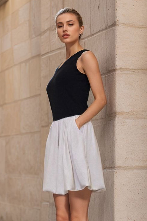 MIMI BUBBLE TANK DRESS (BLACK RIB / NATURAL TAUPE LINEN)- VD3328