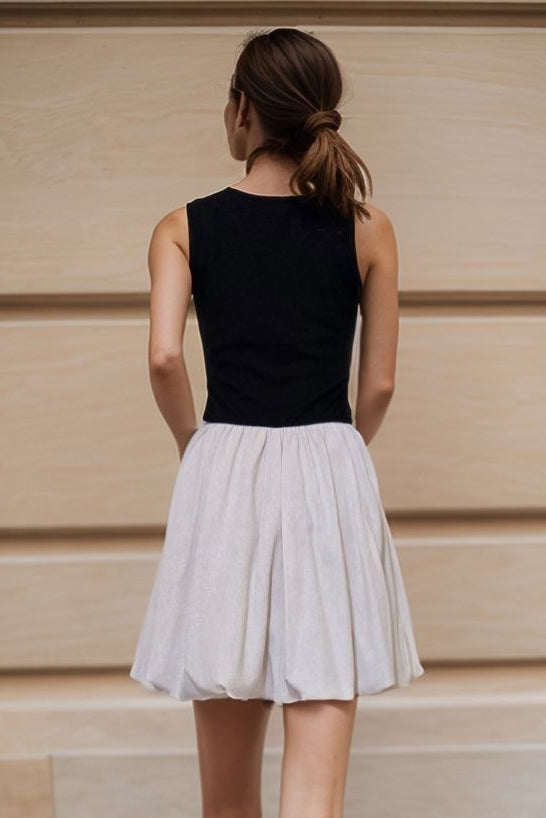 MIMI BUBBLE TANK DRESS (BLACK RIB / NATURAL TAUPE LINEN)- VD3328