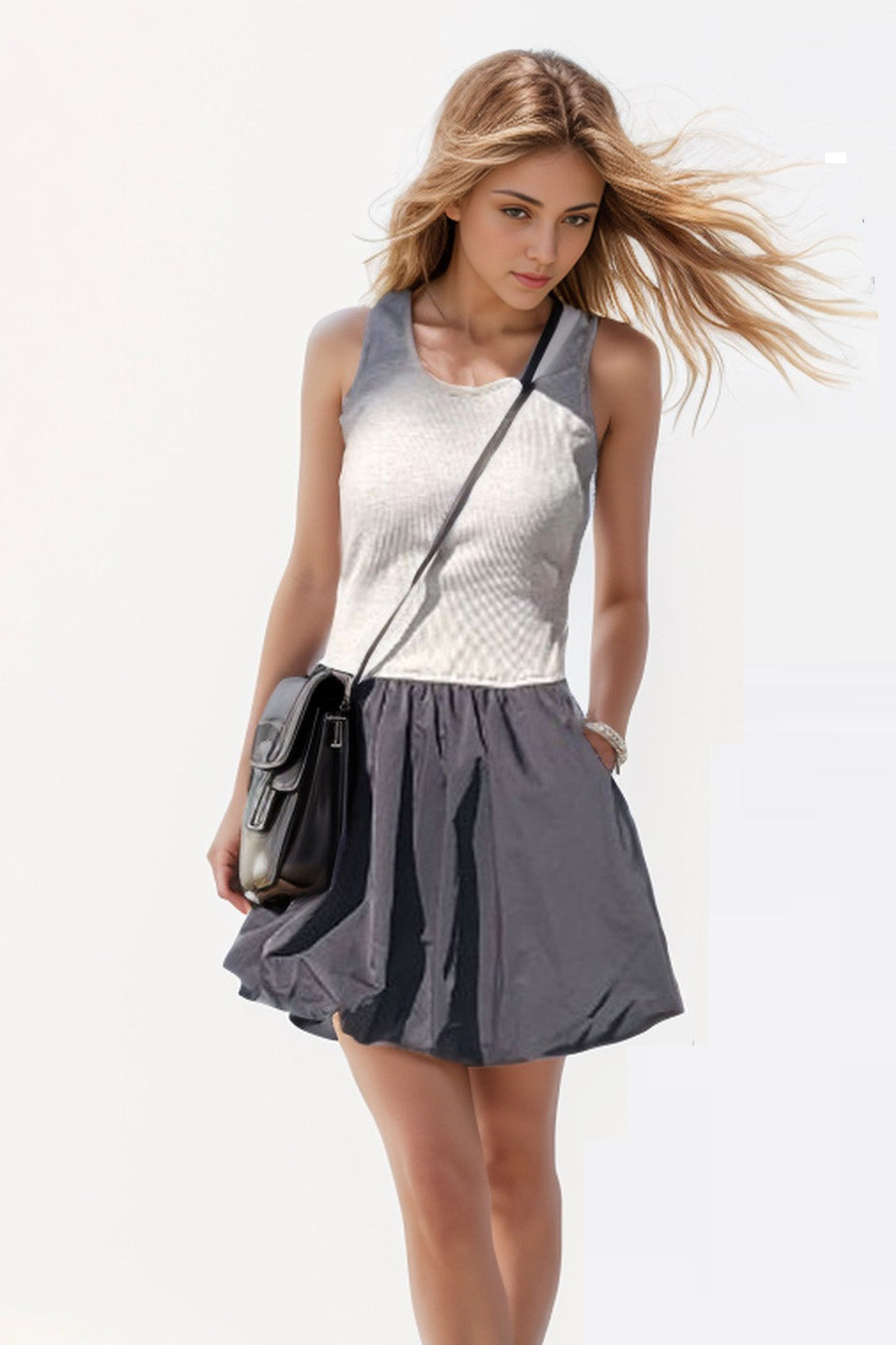MIMI BUBBLE TANK DRESS (GREY RIB / BLACK LINEN) - VD3328
