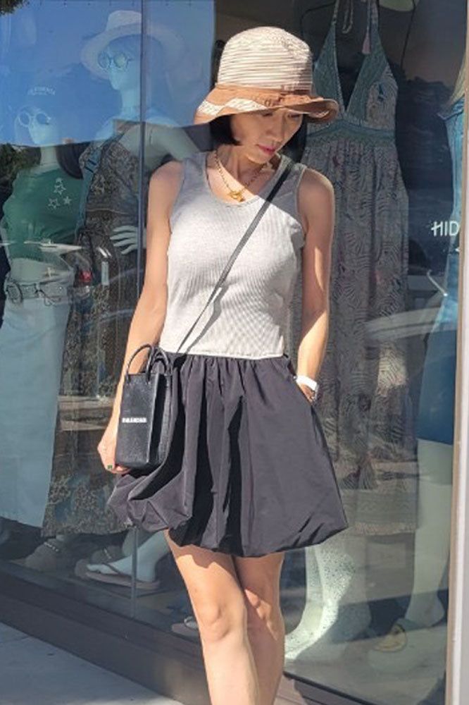 MIMI BUBBLE TANK DRESS (GREY RIB / BLACK LINEN) - VD3328