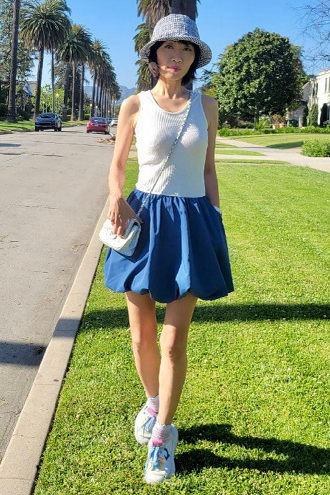 MIMI BUBBLE TANK DRESS (WHITE RIB / INDIGO) - VD3328