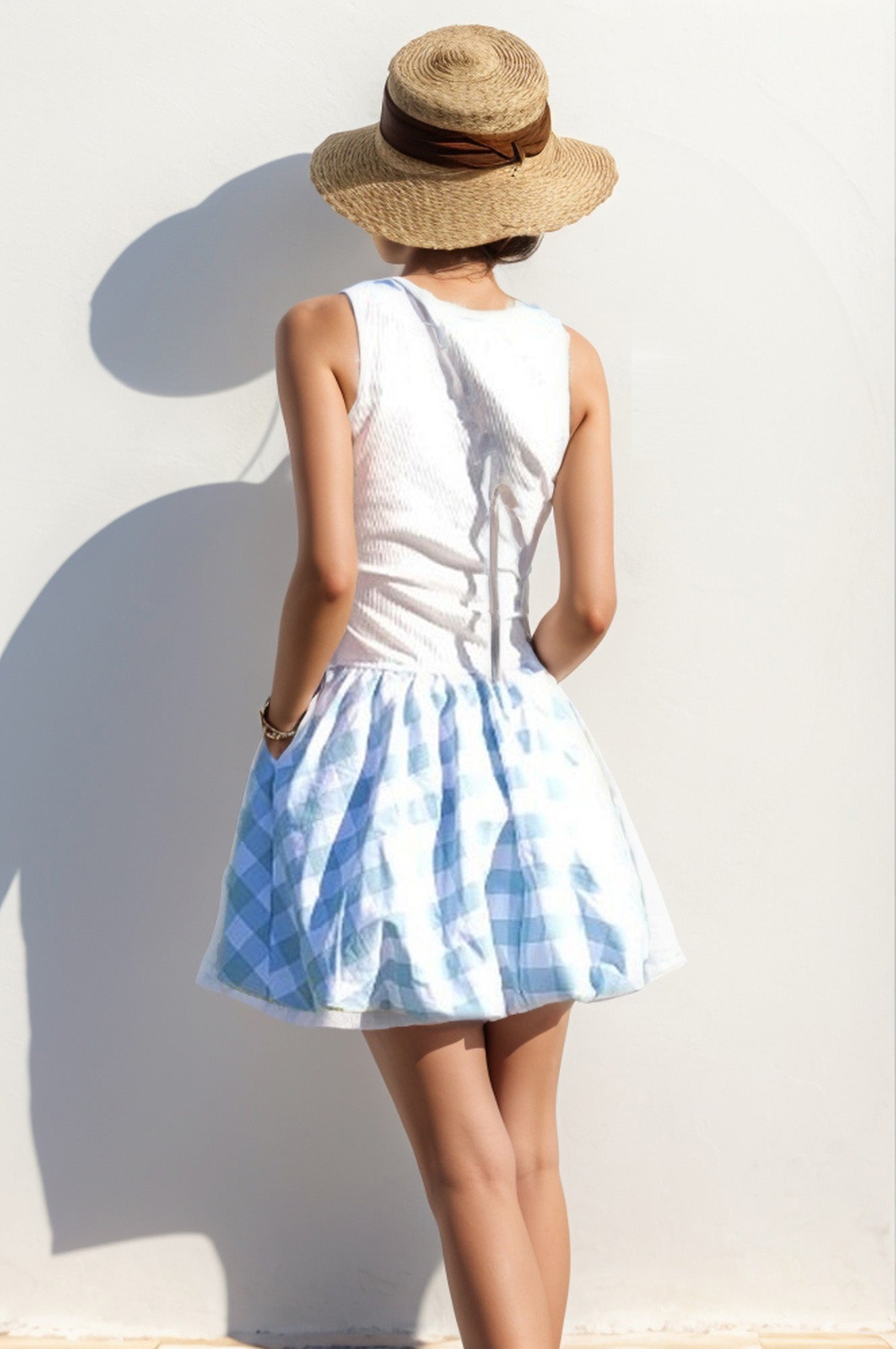 MIMI BUBBLE TANK DRESS (WHITE RIB / BLUE PLAID) - VD3328