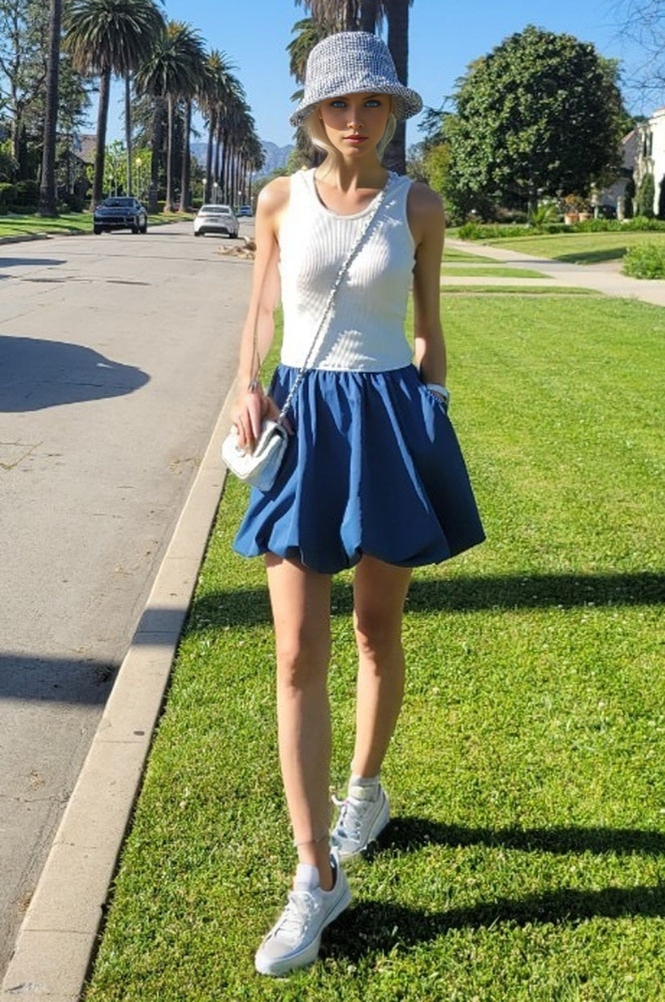 MIMI BUBBLE TANK DRESS (WHITE RIB / INDIGO) - VD3328