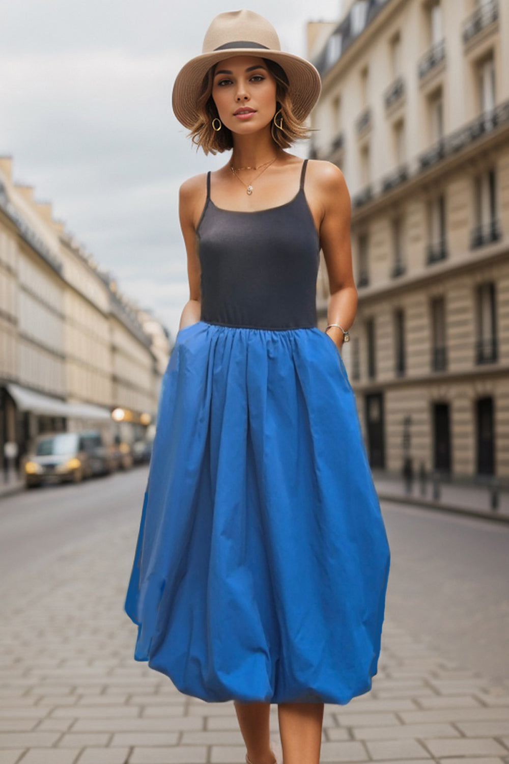 MIRA MIDI BUBBLE DRESS (BLACK/INDIGO) -VD3349