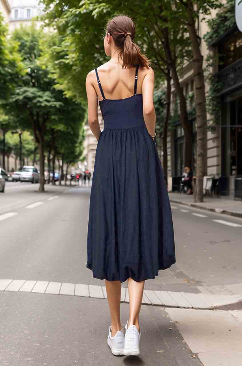 MIRA MIDI BUBBLE DRESS (NAVY / NAVY LINEN) -VD3349