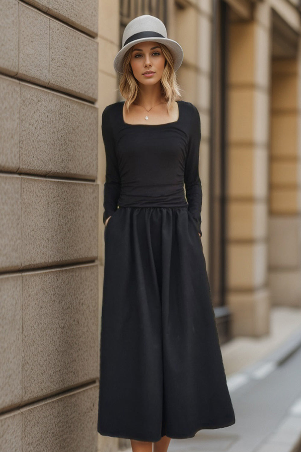 ANAIS LONG SLEEVE MIDI DRESS (BLACK / BLACK) - VD3364