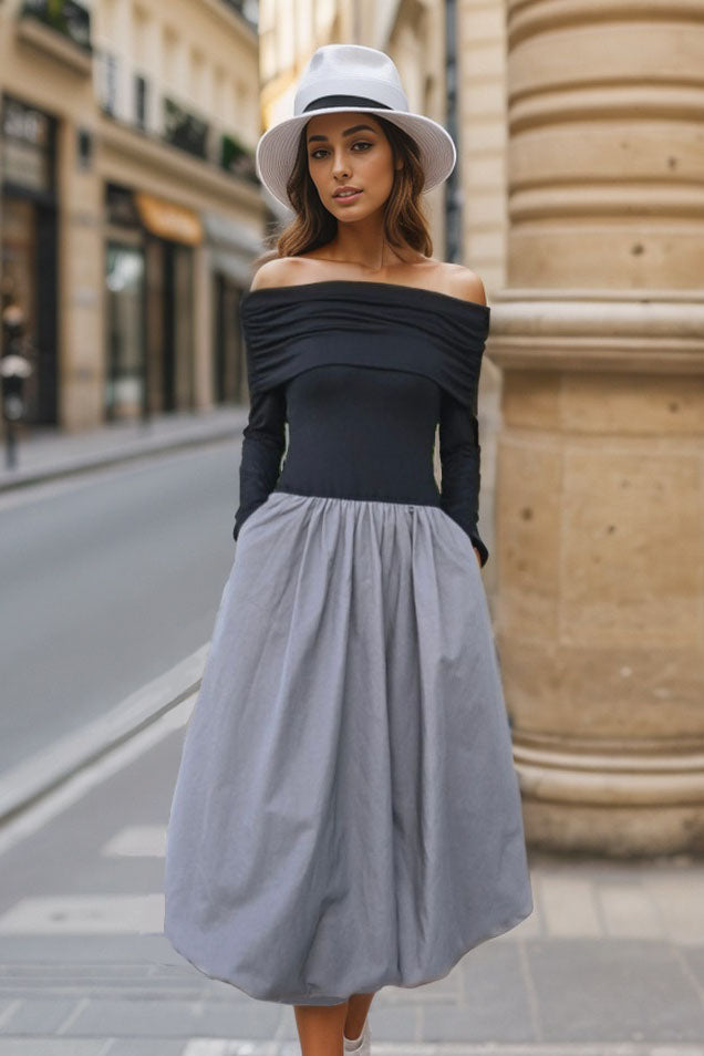 BETTY OFF SHOULDER MIDI BUBBLE DRESS (BLACK / MOCHA) -VD3370