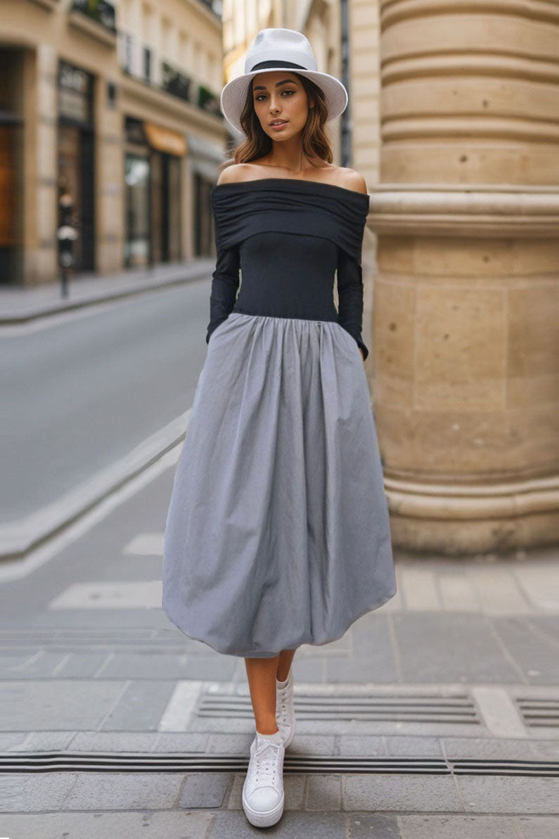 BETTY OFF SHOULDER MIDI BUBBLE DRESS (BLACK / MOCHA) -VD3370