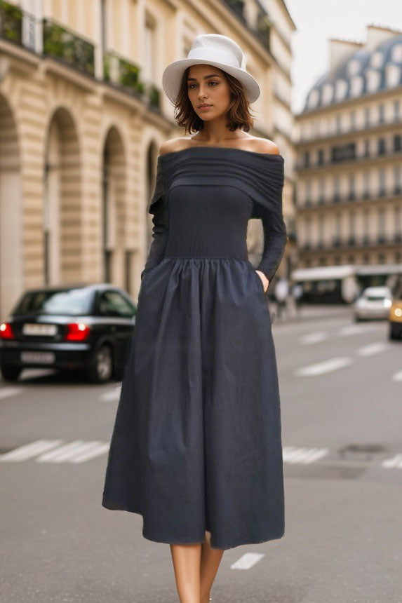 BETTY OFF SHOULDER MIDI DRESS (BLACK / BLACK)- VD3374