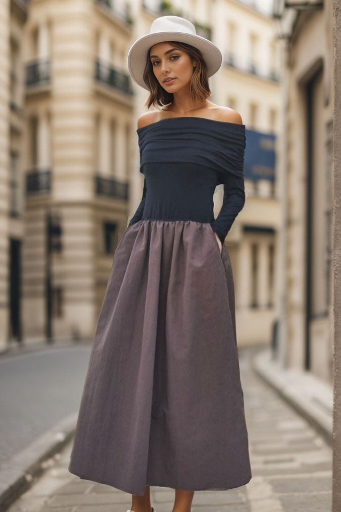 BETTY OFF SHOULDER MIDI DRESS (BLACK / BROWN)- VD3374