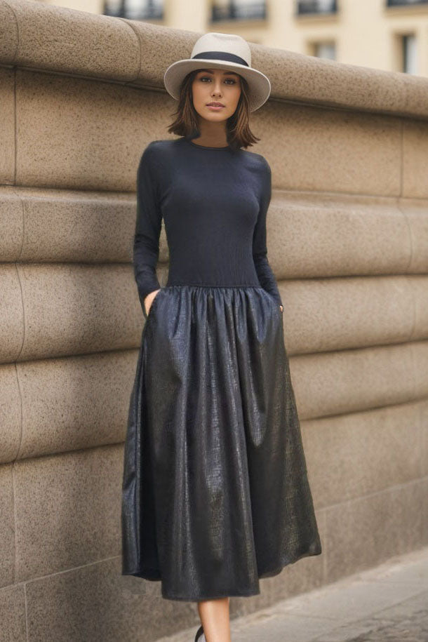 BETTY ROIND NECK LONG SLEEVE MIDI DRESS (BLACK / SNAKE FLEATHER)-VD3377