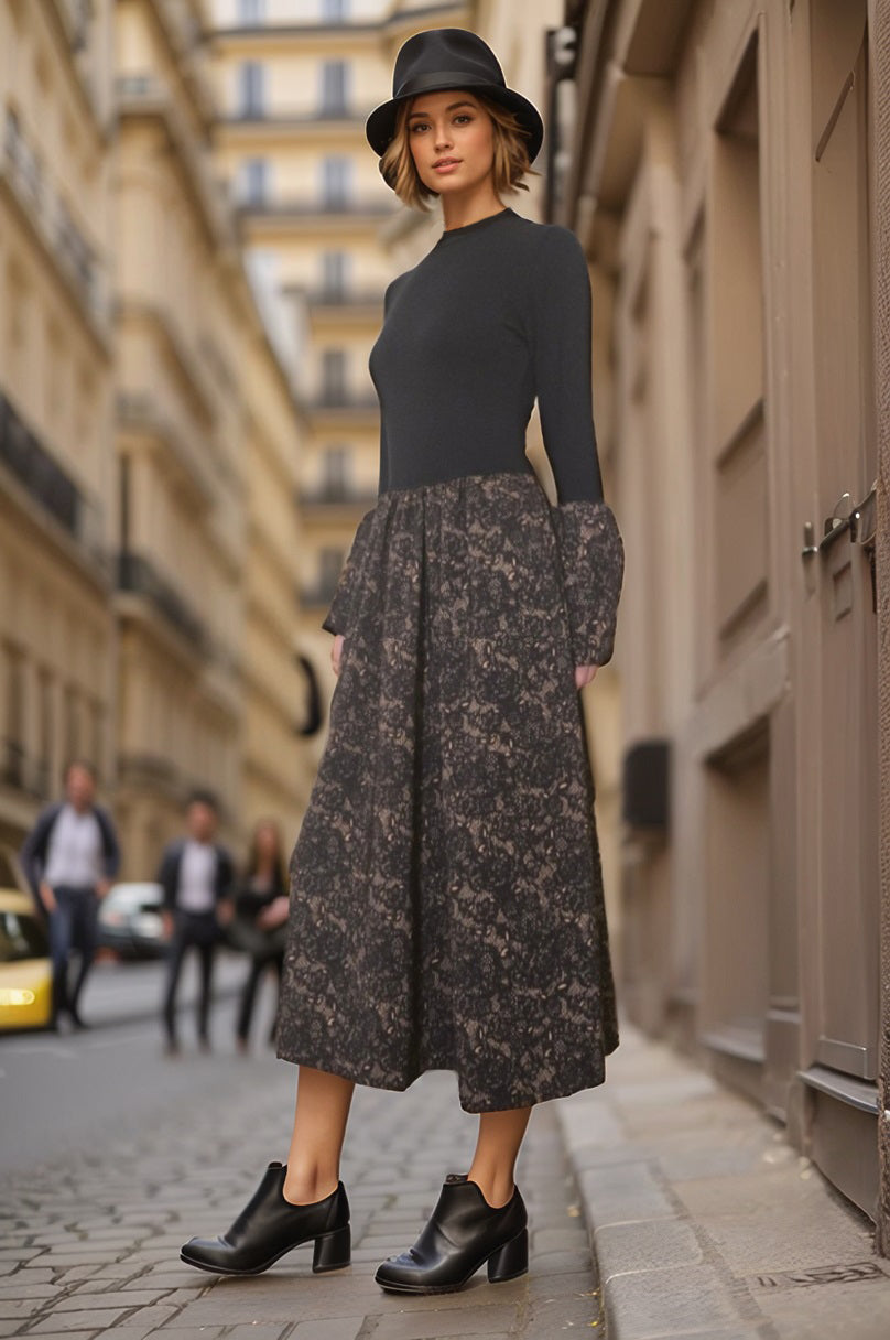 VICKY LONG BELL SLEEVE MIDI DRESS (BLACK RIB / BLACK CAMEL LACE)-VD3394